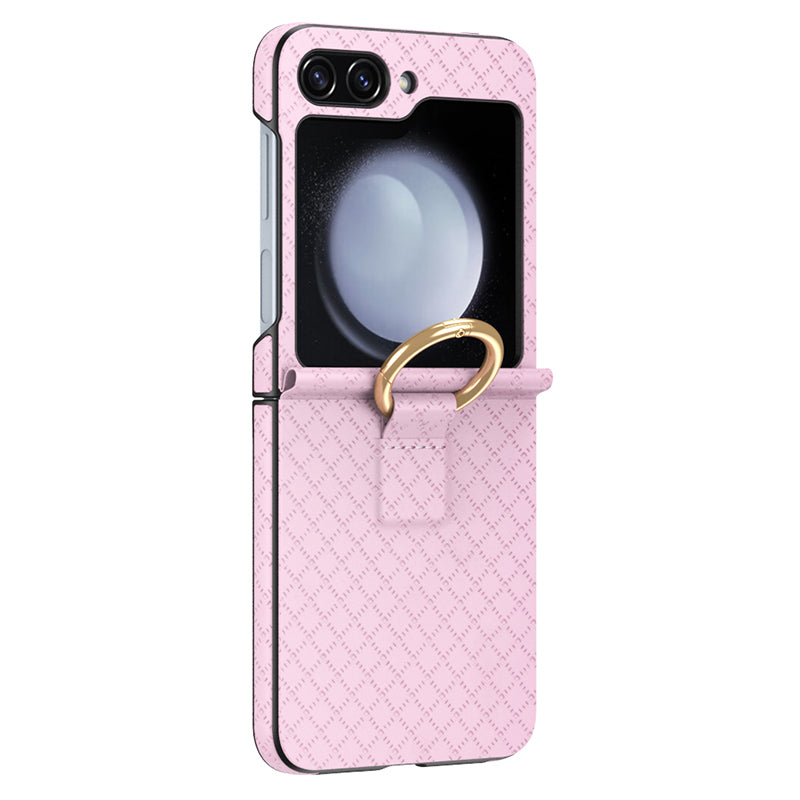GKK For Samsung Galaxy Z Flip5 5G Hard PC PU Phone Case Grids Imprinted Slim Phone Cover with Ring Finger Holder GKK For Samsung Galaxy Z Flip5 5G Hard PC PU Phone Case Grids Imprinted Slim Phone Cover with Ring Finger Holder